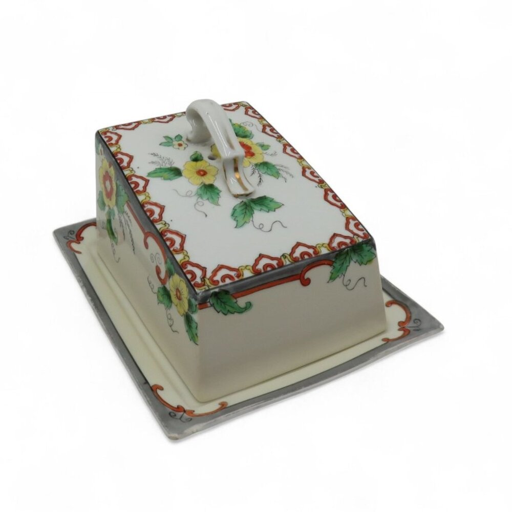 NORITAKE Butter Dish Floral Ceramic Hand-Painted Set Japan Vintage